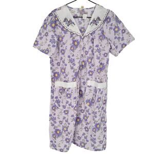 Vintage Lati Fashion Womens Sz M Purple Floral House Dress Nightgown Cotton